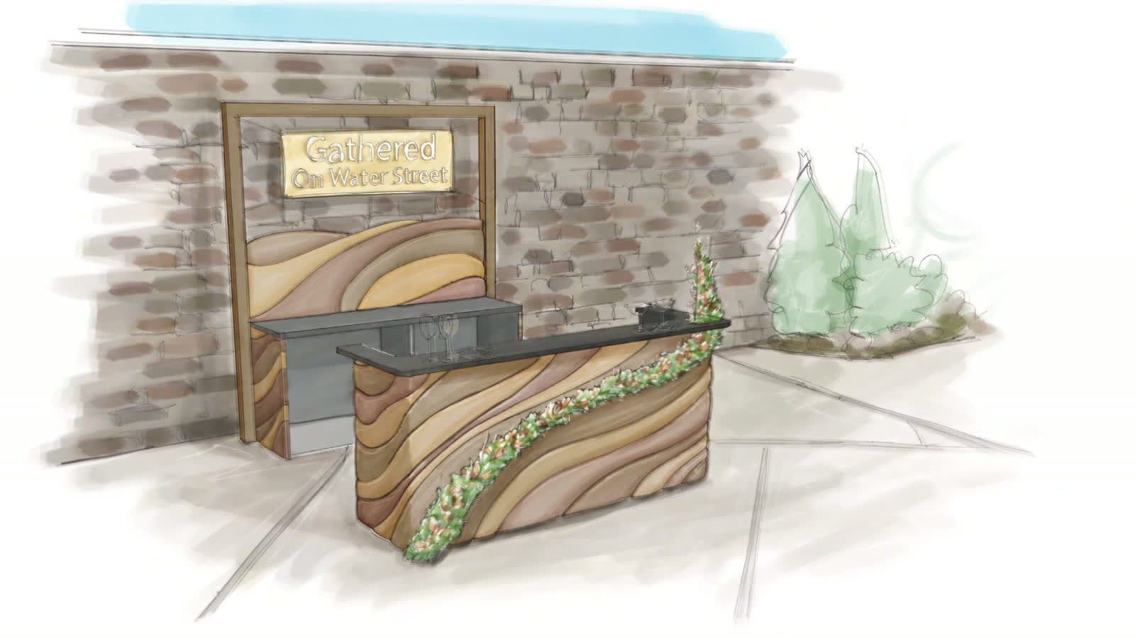 Illustrated sketch of the Water Street Bar with a curved wood front and floral accents
