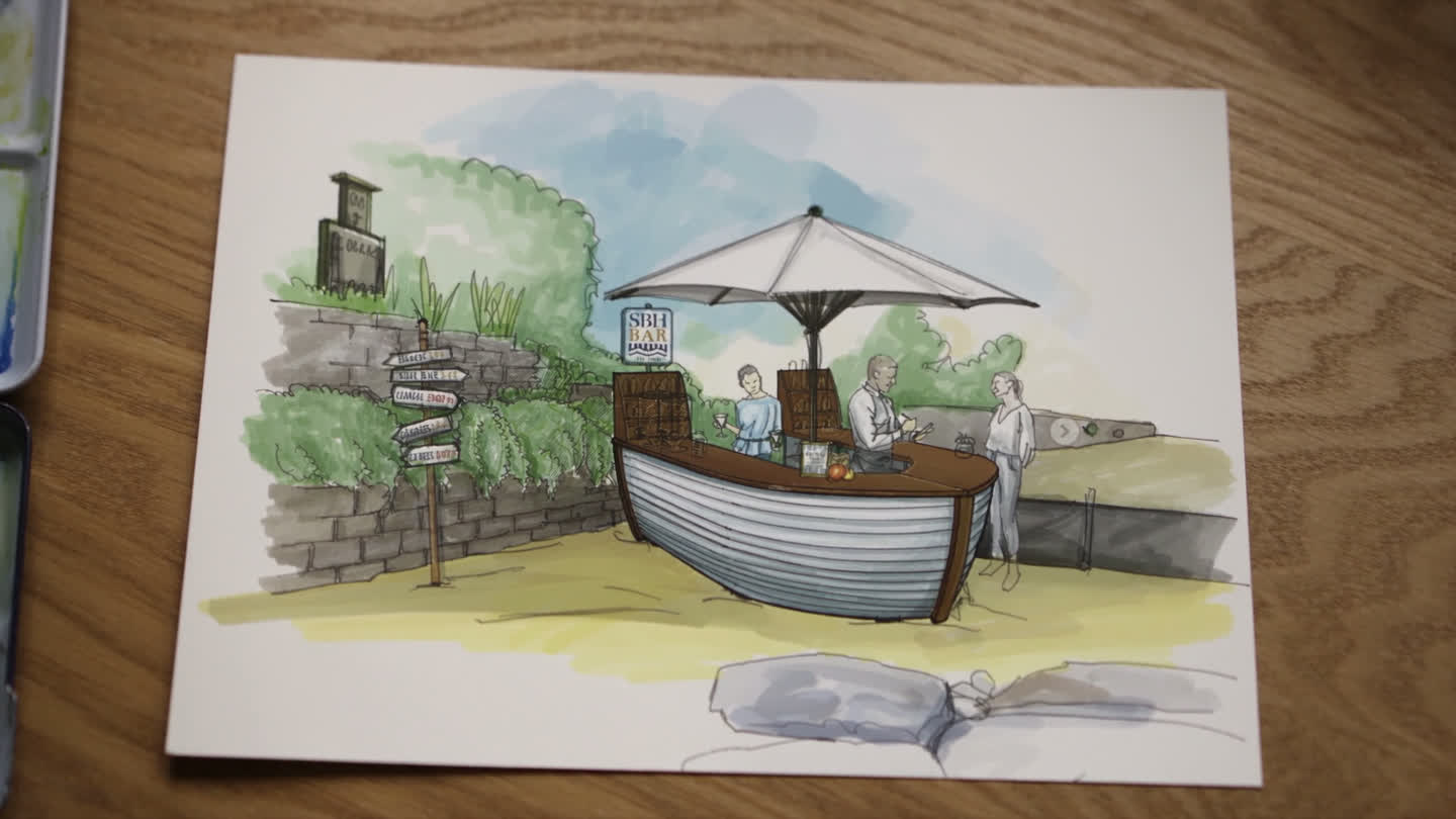 Hand-drawn concept sketch of the Boat Bar beside the lake