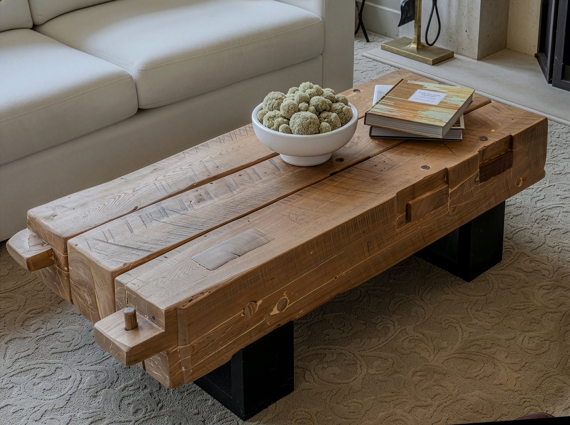 A coffee table built from a reclaimed barn beam on a blackened steel base
