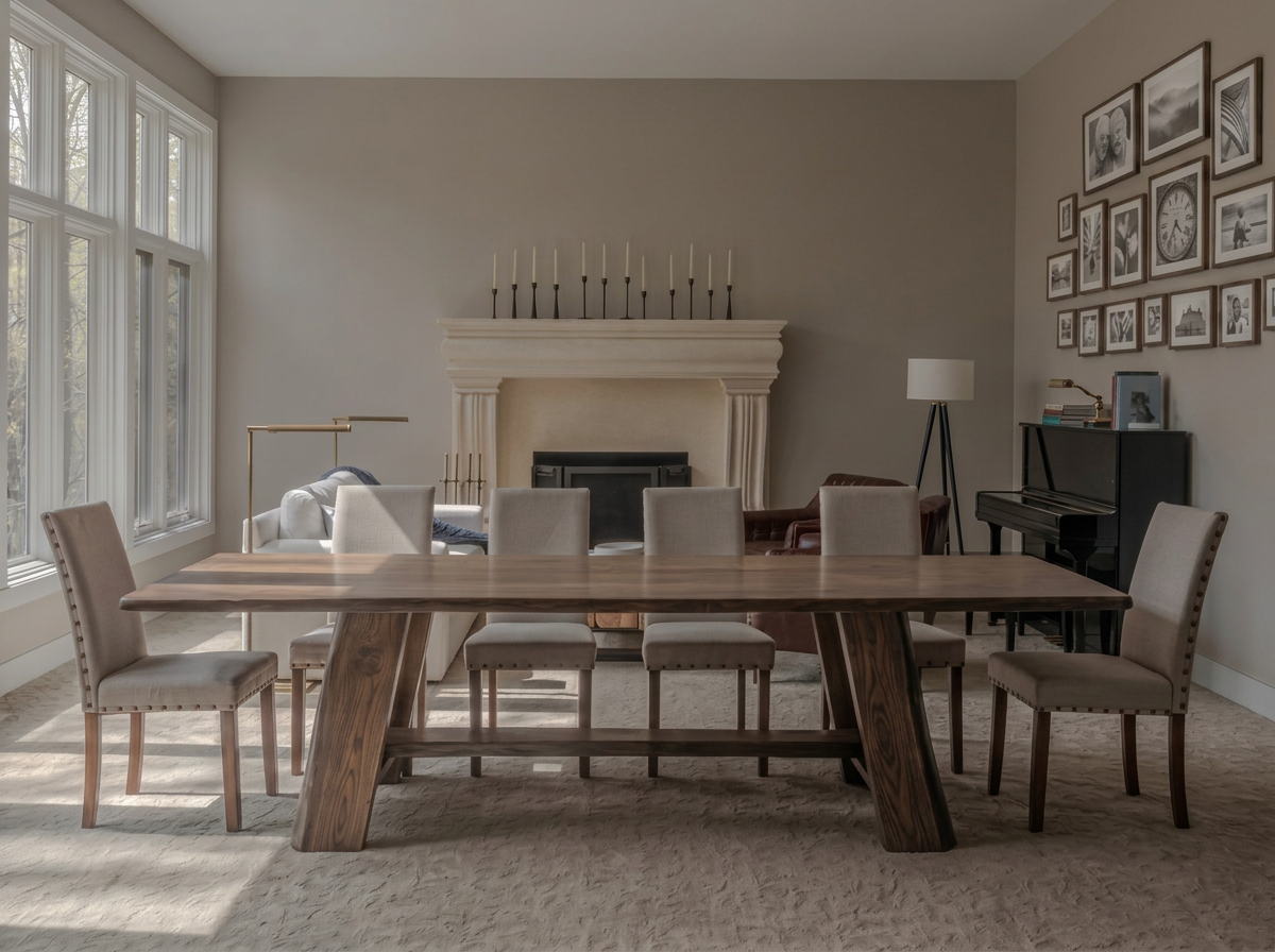Live edge walnut dining table built by M. Alan Studios in a bright dining room