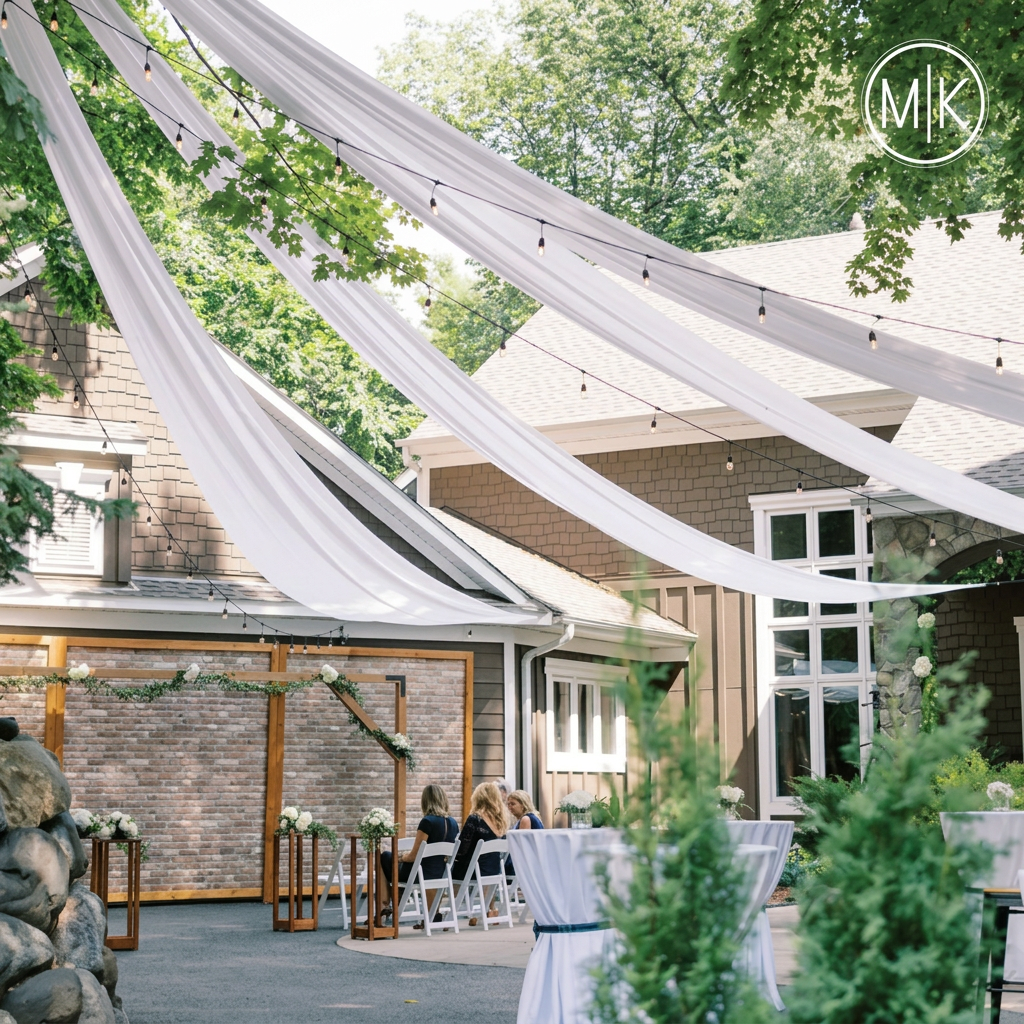 White draped fabric and string lights over a garden wedding venue designed by M|K Event